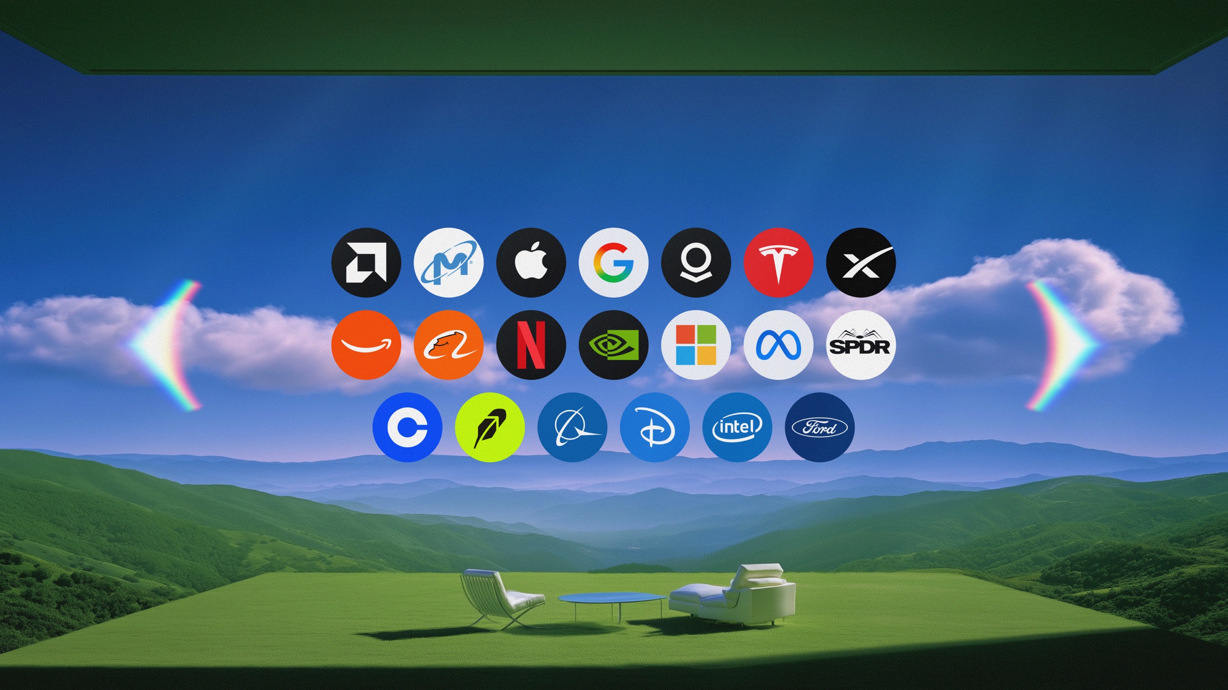 Rows of circular stock logos — Apple, Google, Tesla, Nvidia, Robinhood and more — floating in a blue sky above green hills, with two white chairs and a table on a lawn below