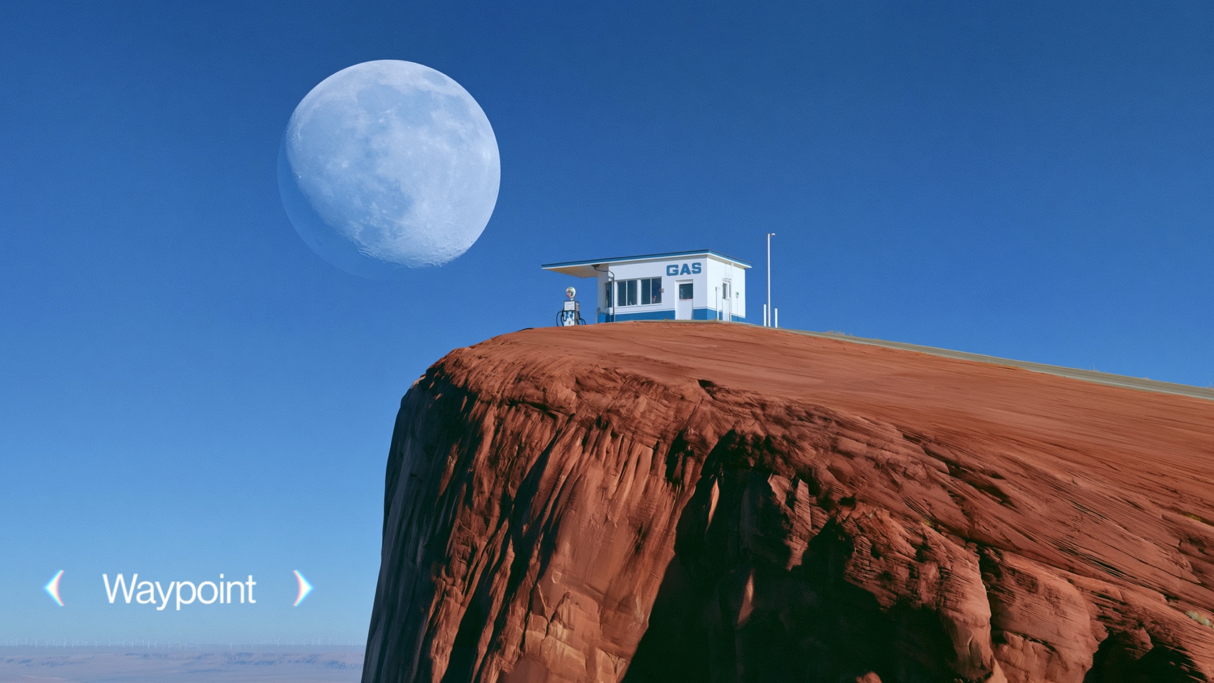 A small blue-and-white gas station standing on the edge of a red rock cliff under a huge pale moon