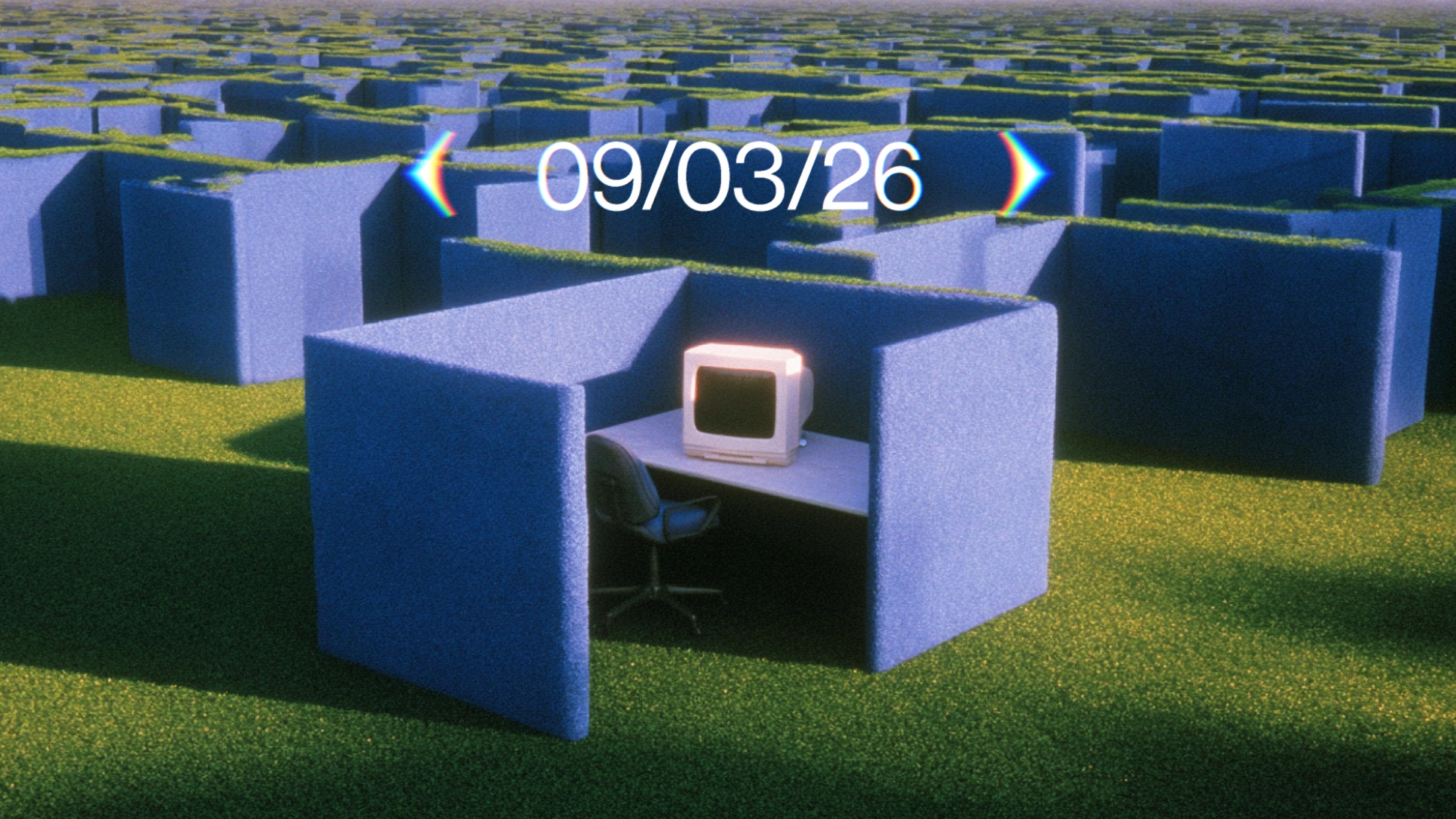 An endless field of blue office cubicles on green grass, one open in front with a glowing retro computer on its desk and the date 09/03/26 floating above