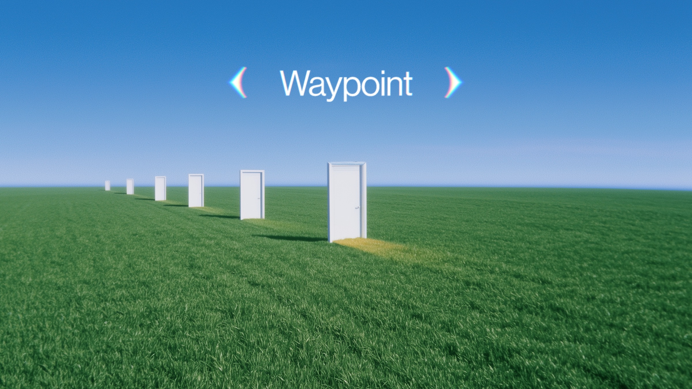 A receding row of white doors standing open on an endless green lawn under a clear blue sky, the Waypoint wordmark floating above