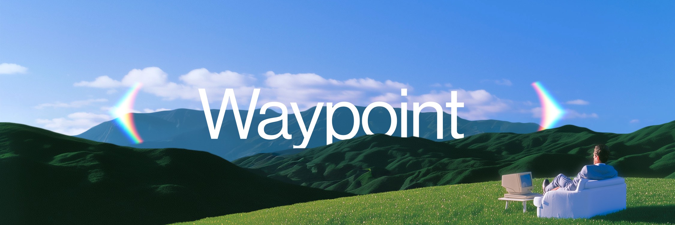 The Waypoint wordmark between angle brackets over green hills and blue sky